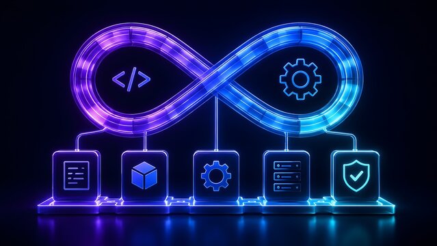 DevOps lifecycle continuous integration and deployment concept with glowing neon infinity symbol and software engineering icons.