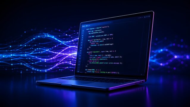 Modern laptop computer displaying programming code with glowing futuristic light streams representing software development and fast data transfer.
