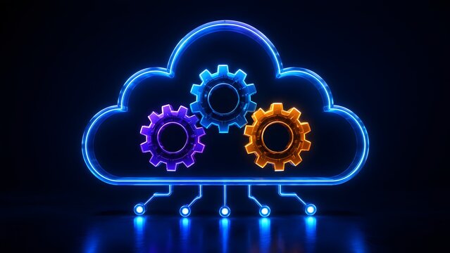 3D glowing neon cloud computing icon with interlocking gears and circuit board elements illustrating digital automation data processing and SaaS technology concept