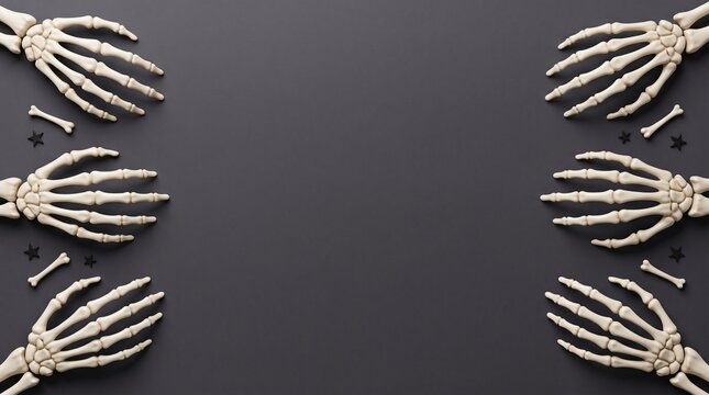 Multiple skeleton hands arranged in side borders on dark grey background
