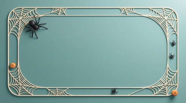Spooky halloween spider web frame with plastic spiders on turquoise background