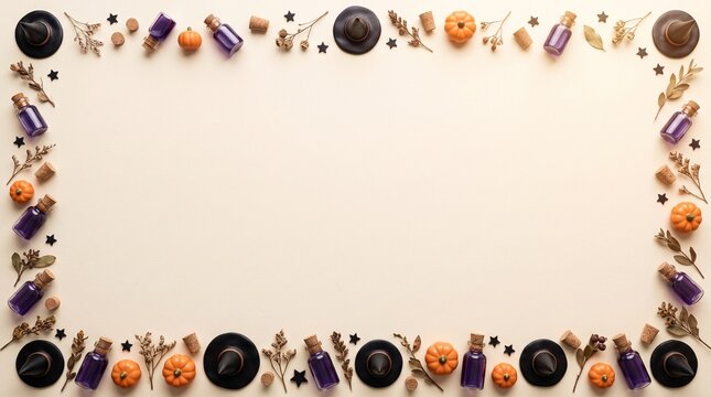 Halloween magic potion bottles and witch hats frame on light beige background