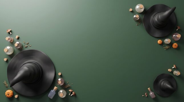 Halloween witchcraft background with witch hats and potion bottles on green