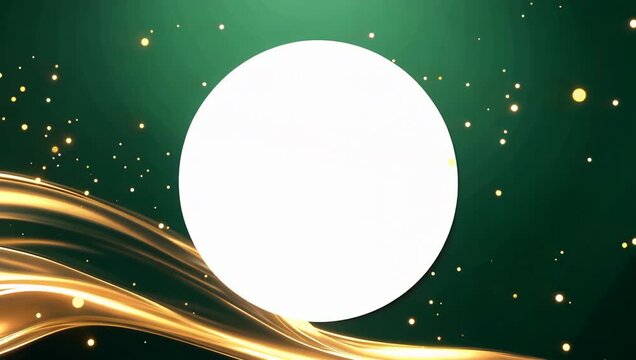 Elegant emerald green and gold Christmas background with circular frame mockup and pine branch silhouette.