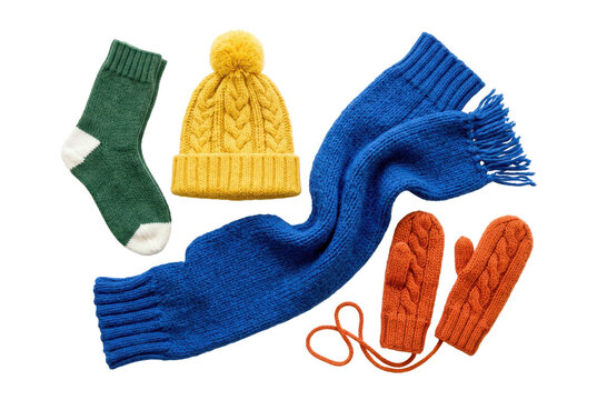 Colorful knitted winter garments including hat scarf socks and mittens on black background