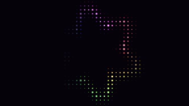 A vibrant spectrum of glowing dots arranged in a star pattern on black
