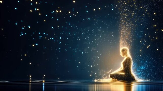 A person meditating under a shower of sparkling golden light particles and starry sky, symbolizing inner peace and spiritual awakening. ..Created with Generative AI, not depicting real subjects.