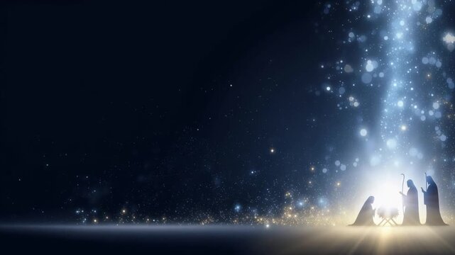 A serene Nativity scene unfolds under a celestial light shower, depicting the holy family in a moment of divine peace and wonder. ..Created with Generative AI, not depicting real subjects.
