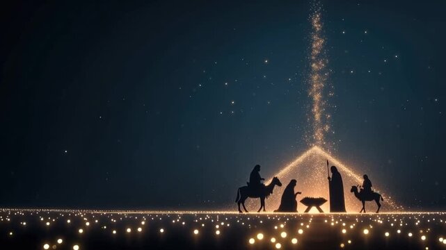 A stylized Nativity scene depicts the silhouette of the three wise men on camels, with Mary and Joseph beside the infant Jesus. ..Created with Generative AI, not depicting real subjects.