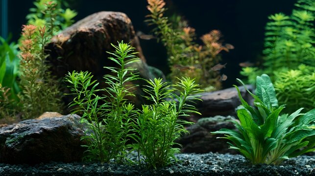 A serene aquarium with lush green aquatic plants  dark rocks  and gravel substrate  creating a natural underwater landscape