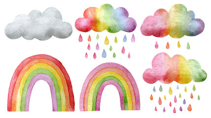 Fototapeta premium Cloud and rainbow nursery collection, detailed watercolor clipart with soft shadows and clean edges, isolated PNG on transparent background