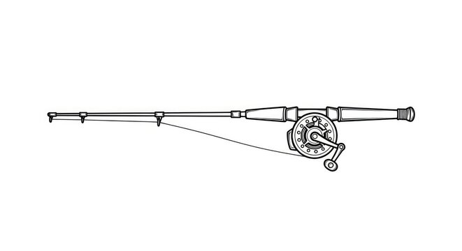 A fishing rod and reel are shown in a detailed line drawing. The rod is long and slender, with a reel attached to the end.