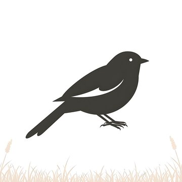 Elegant black bird perched above delicate grass silhouettes on a clean white background, creating a simple minimalist nature illustration