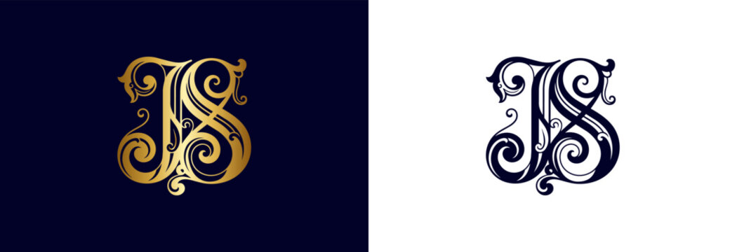Baroque monogram js letters logo ornamental gold filigree for royal packaging.