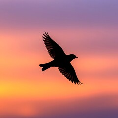 Fototapeta premium Black bird soaring gracefully across a soft pink and orange sunset sky, creating a peaceful and dramatic silhouette in flight