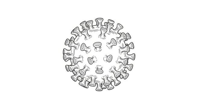 A stylized, black and white illustration depicts the coronavirus particle. The virus has a spherical shape with numerous spikes protruding from its surface.