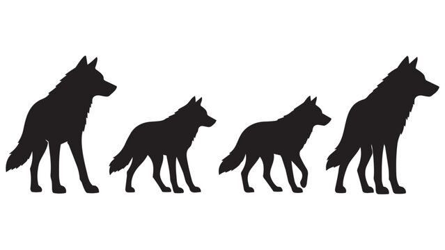 Four wolves standing in a line silhouette style