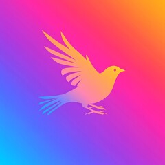 Fototapeta premium Elegant golden bird in flight with outstretched wings against a vibrant pink, purple, blue, and orange gradient background