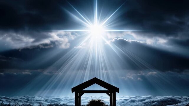 A silhouette of a manger stands against a dramatic, cloudy sky, illuminated by a brilliant star. ..Created with Generative AI, not depicting real subjects.