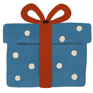 Blue Polka-Dot Gift Box Wrapped with Red Ribbon Bow Vector