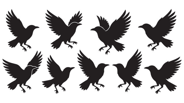 Black silhouette crows flying in various dynamic poses