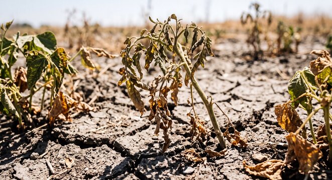 Wilted tomato plant struggling to survive within parched cracked earth during a severe summer heat drought