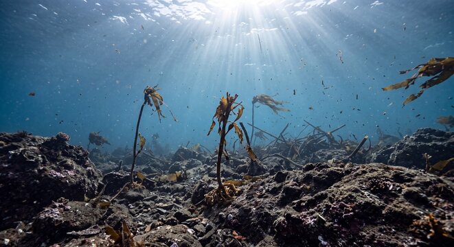 Brown kelp plants sway gracefully under glowing sun rays deep within the vast blue ocean floor