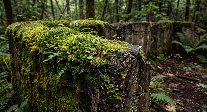 Ancient crumbling stone wall covered in lush vibrant green moss within a dense dark forest