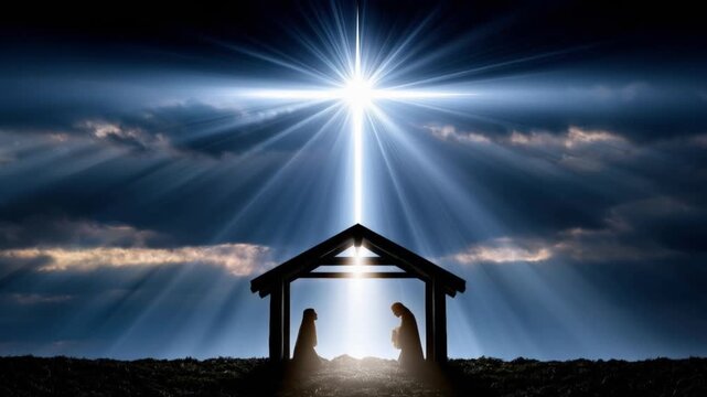 A radiant star shines brightly above a humble stable, casting divine rays of light upon the silhouettes of Mary and Joseph. ..Created with Generative AI, not depicting real subjects.