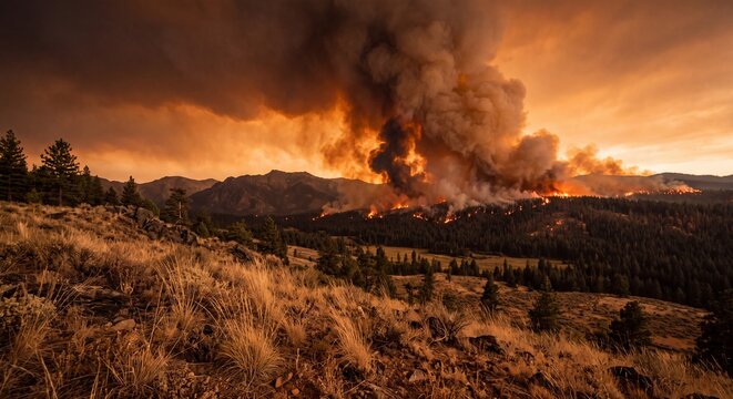 Massive mountain wildfire burns through dense forest creating intense orange smoke clouds under golden sunset light