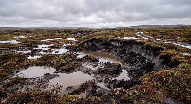 Thawing arctic permafrost terrain showing deep mud puddles under a dark and moody cloudy sky