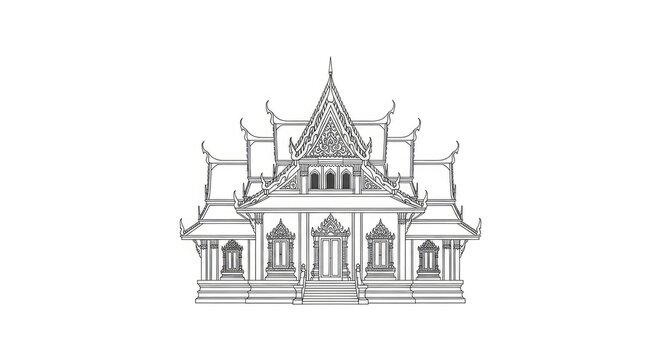 A black and white line drawing depicts a traditional Thai temple building. The temple features a steeply pitched, ornately decorated roof with intricate carvings.
