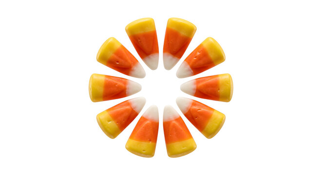 Circular arrangement of festive candy corn pieces on transparent background for halloween holiday celebration.