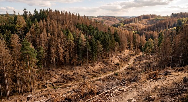 Dead conifer trees dying in a damaged forest landscape under a bright sunny afternoon sky