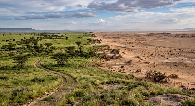 Dramatic landscape view showcasing sharp contrast between lush green grass fields and dry arid desert sand