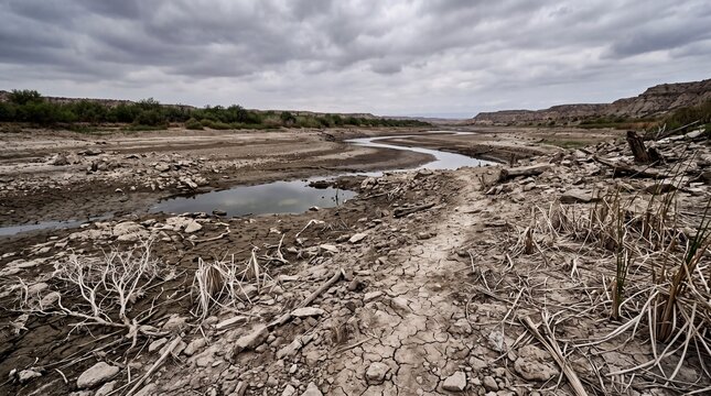 Cracked dry earth stretches along a receding riverbed under heavy dark stormy clouds during drought