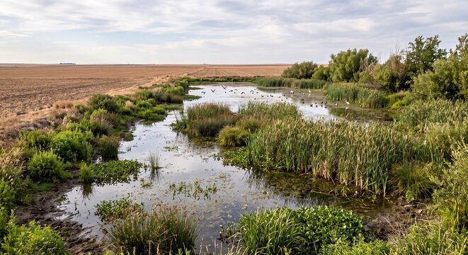 Migratory birds fly over a calm rural wetland surrounded by vast golden brown agricultural fields