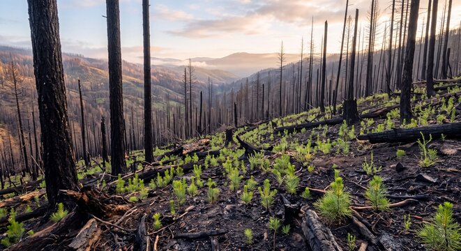 Small green pine saplings growing among charred black tree trunks in a devastated forest mountain landscape