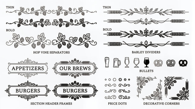 Collection of vintage black and white beer labels frames and floral dividers