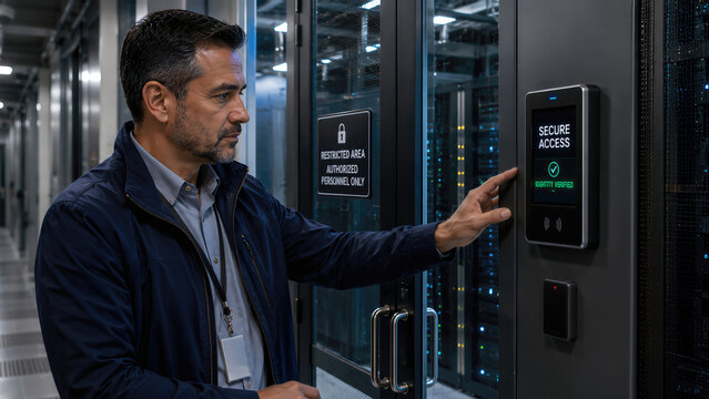 Technician Using Biometric Access Control for a Secure Server Room