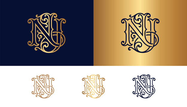 NJ monogram logo with elegant swirling ornaments for branding and design.