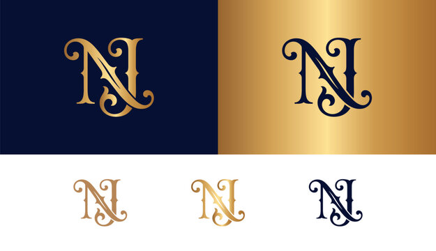 Elegant NJ monogram logo with ornate flourishes on blue and gold backgrounds.