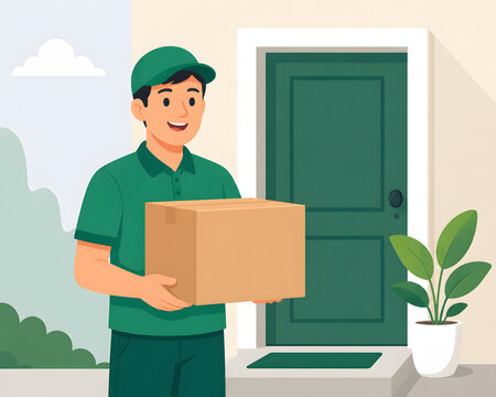 Flat design illustration of a delivery man holding a package at a front door