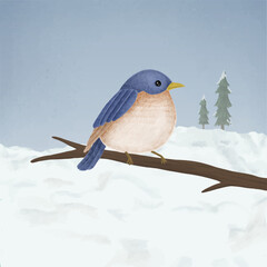 Naklejka premium Hand-drawn Tickell's Blue Flycatcher on a branch in a snowy forest