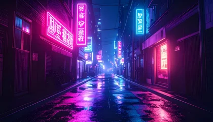 Cyberpunk City Street at Night with Neon Signage and Wet Pavement Reflection © avivmuzi