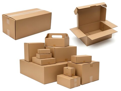 A collection of various brown cardboard shipping boxes in different sizes and shapes arranged together on a plain white background isolated