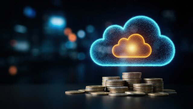 Stacks of gold coins are placed beneath a glowing digital cloud icon, set against a dark, blurred background. This represents cloud computing costs and digital finance concepts.