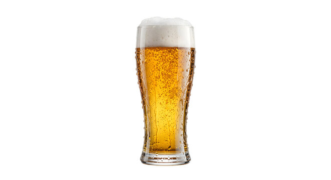 Fresh tall glass of light beer with white foam and condensation drops on transparent background for bar.