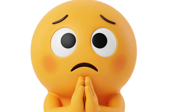 Yellow 3 d emoji character with sad expression and hands pressed together in a pleading or praying gesture isolated on a transparent background