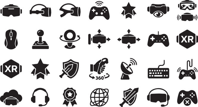 Virtual reality and metaverse icon pack illustrates digital technology equipment and extended reality symbols.